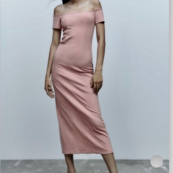 NEW Zara Top Stitched Off the Shoulder Fitted Midi Dress Rose Pink Size M - Picture 1 of 15